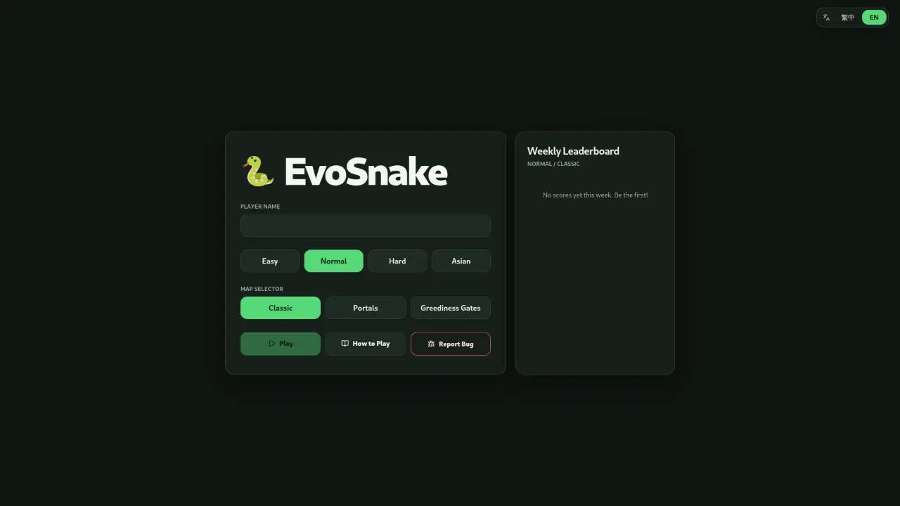 EvoSnake setup and leaderboard screen