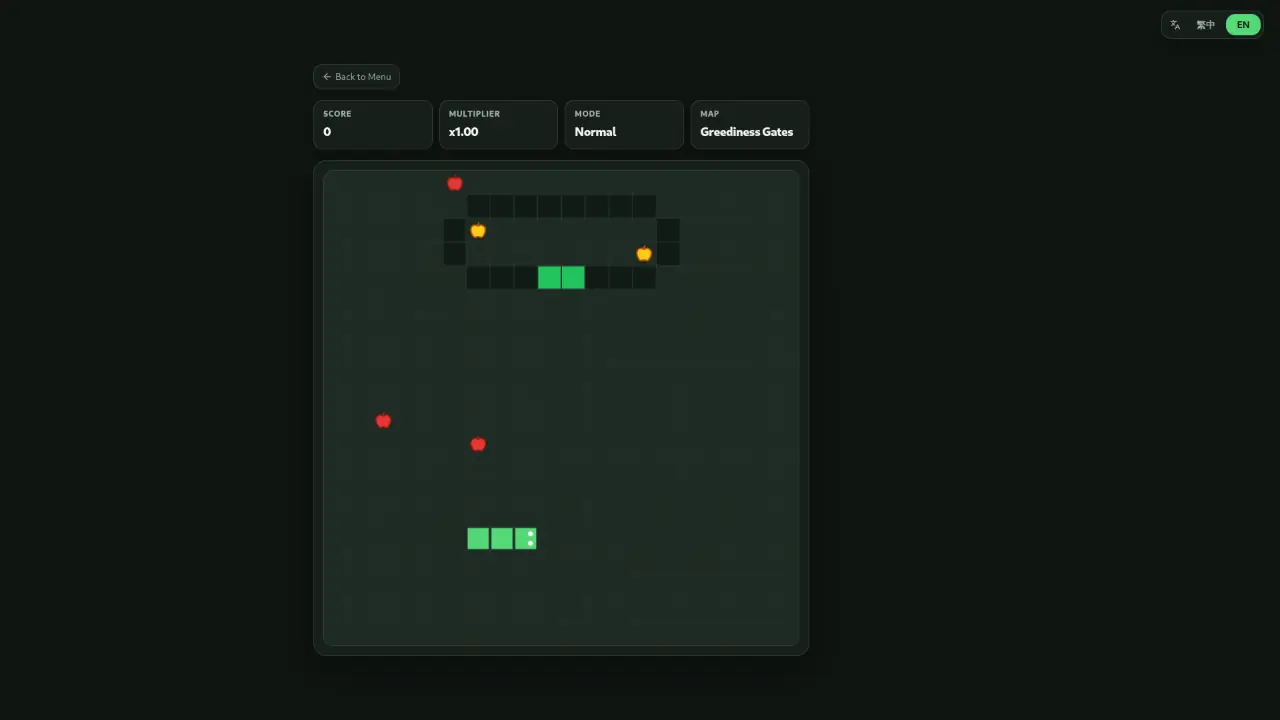 EvoSnake active game board with controls and score